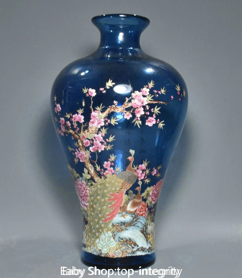 Blue glazed decorative vase with peacock and pink floral pattern