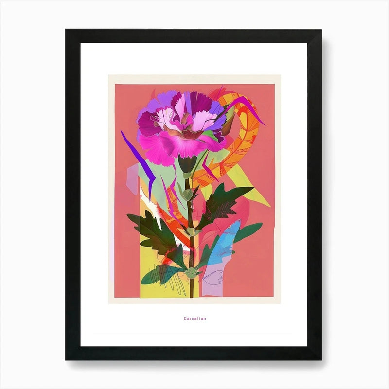 Framed neon carnation flower wall art print with colorful abstract petals