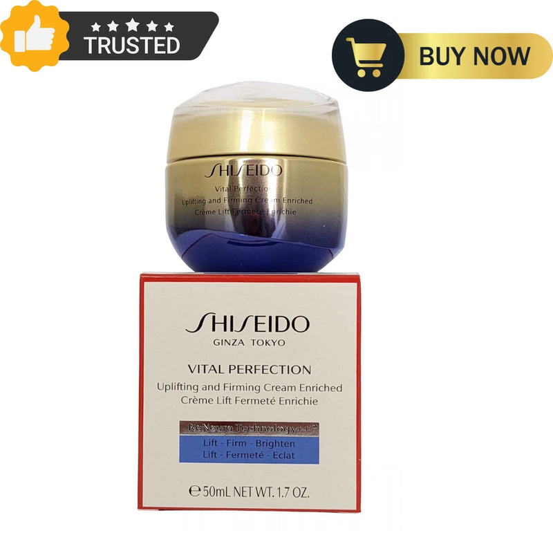 Shiseido Vital Perfection enriched cream jar with gold lid and boxed label, 50 mL