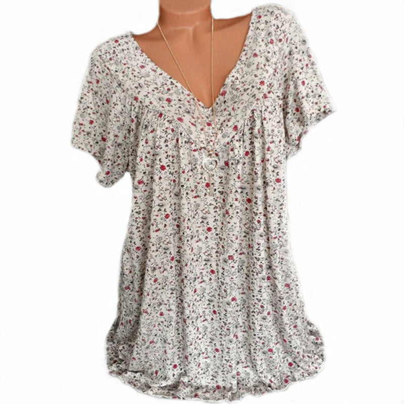 Plus size V-neck short-sleeve blouse top with rose print and flowy gathered front