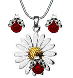 Beautiful Daisy Flower Ladybug Pendant Necklace Earrings Stud Set 18" Chain Daisies