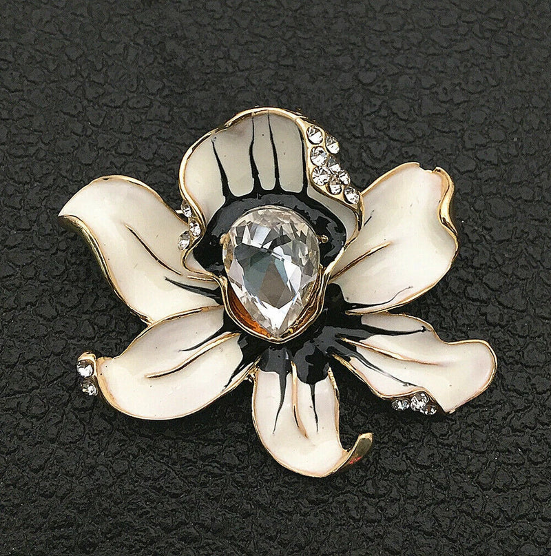 Women's White/Orange Enamel Crystal Lily Flower Brooch Pin Lily