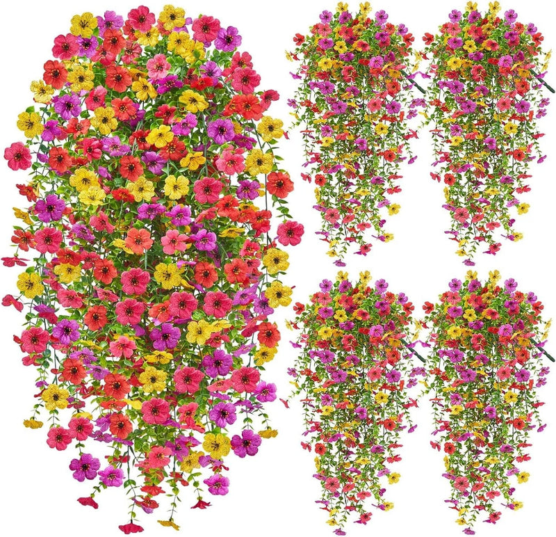 4Pcs Artificial Hanging Flowers UV Resistant Faux Plant for Outdoor Indoor Decor Flowering Plants