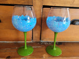 2 pcs Pier 1 Hand Painted Blue Hydrangea Balloon Wine Glasses 9" Hydrangea