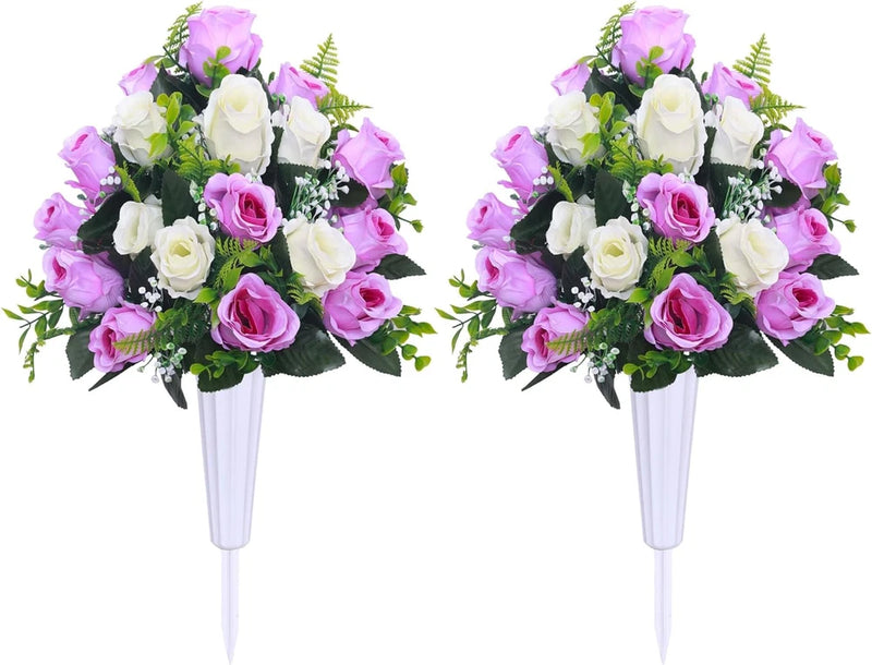 Artificial grave flower decorations set of 2 with pink and white roses, greenery