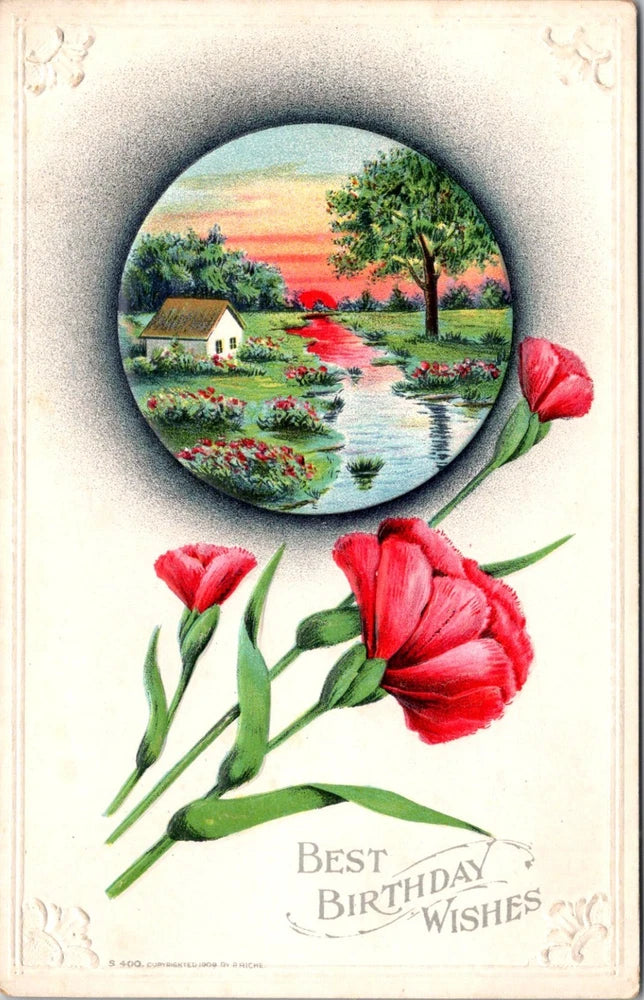 Vintage birthday postcard with pink carnations and oval river landscape, “Best Birthday Wishes”
