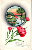 Best Birthday Wishes Pink Carnations Country Scene River Riche 1900s Postcard Carnation