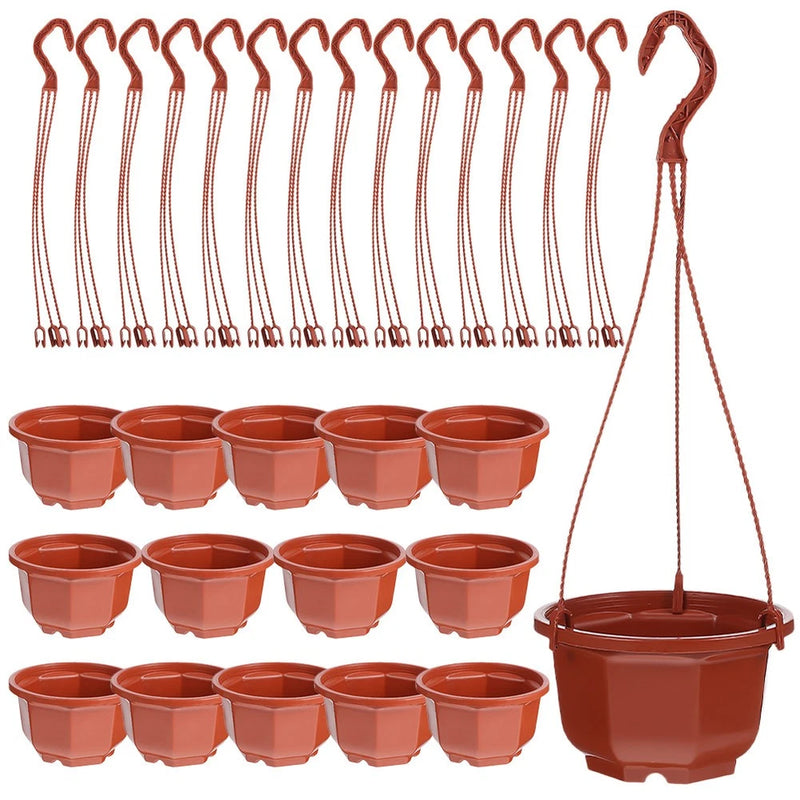 Terracotta hanging planter set with 15 small pots and a large bucket holder, rope handles