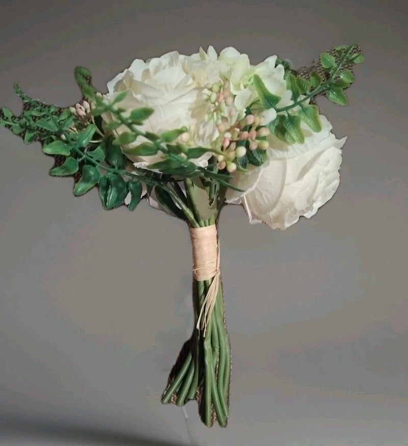 Ivory White Bouquet-5 Cabbage Roses, Hydrangea, Small Accent Berries, Greenery Hydrangea