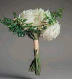 Ivory White Bouquet-5 Cabbage Roses, Hydrangea, Small Accent Berries, Greenery Hydrangea