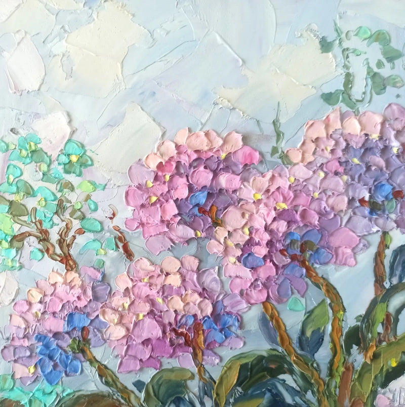Flowers Original Oil Painting on Panel 10x10in Hydrangea Impasto Art Signed Hydrangea