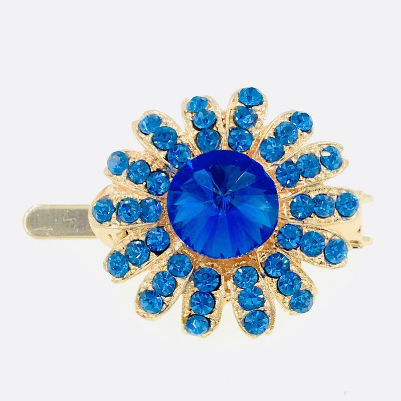 Blue rhinestone crystal flower hair clip with gold-tone barrette back