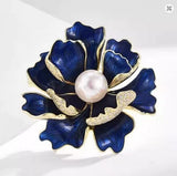 Elegant Blue Enamel Peony Flower Brooch with Pearl Centre Lapel Pin Gift Peony