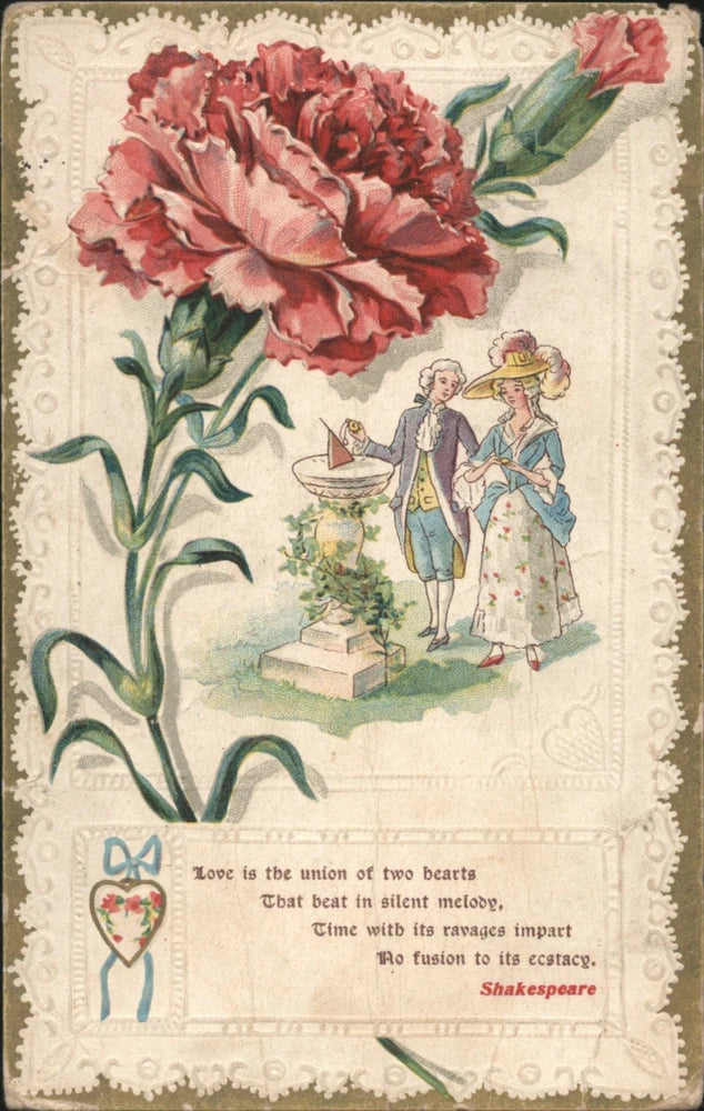 Vintage floral quote card with red carnation bouquet and couple illustration