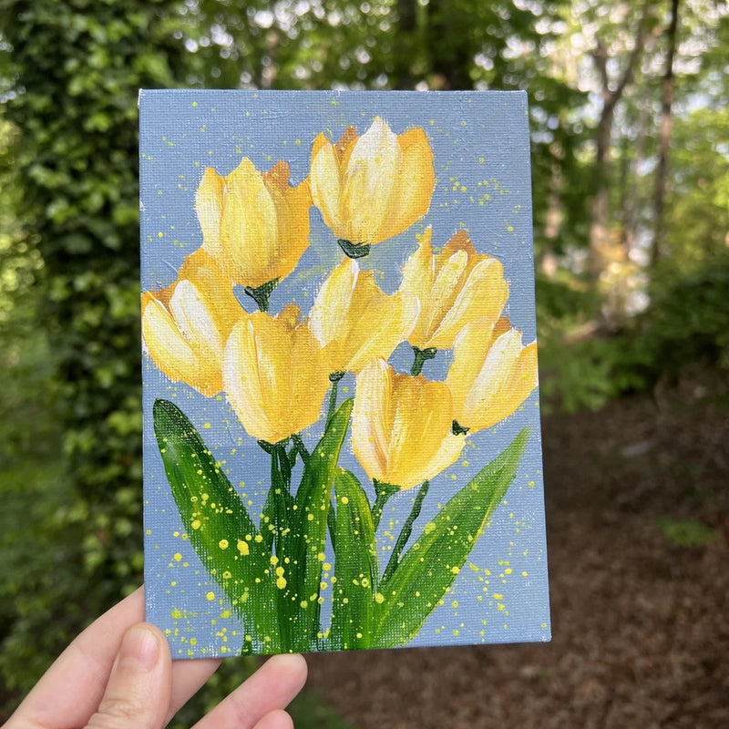 Yellow Tulips abstract Flowers,ranunculus,original Acrylic Painting,5/7 Ranunculus