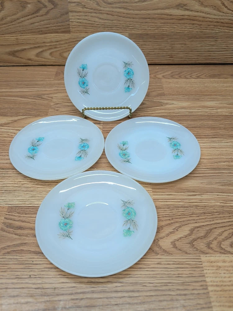 Vintage Fire King Bonnie Blue Carnation Flowers Saucers Milk Glass Lot Of 4 Carnation