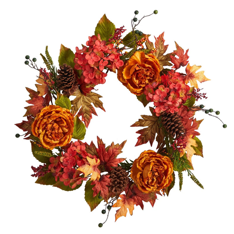 Nearly Natural 25in. Fall Ranunculus, Hydrangea and Berries Autumn Artificial Wr Ranunculus