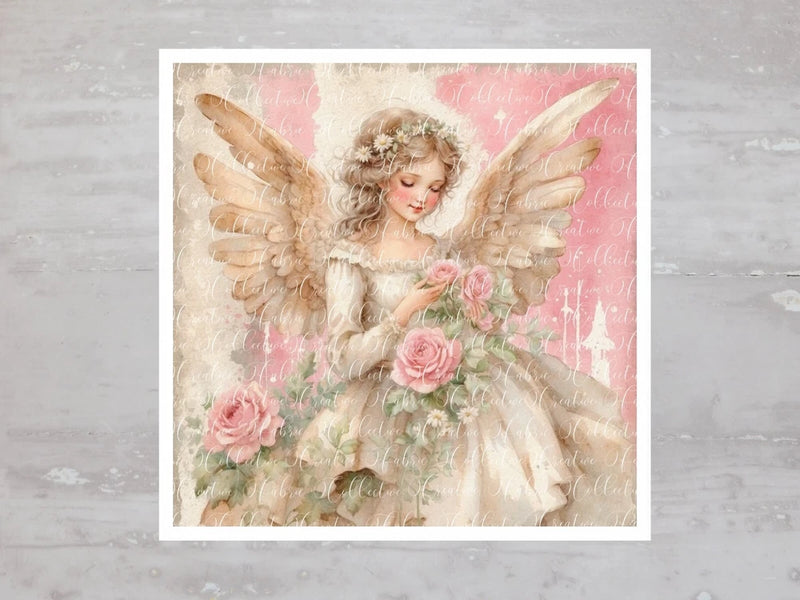 Magical Pink Roses Christmas Angel Fabric Panel Craft Sewing Quilt Block A461 Roses