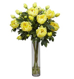 Yellow Peony Arrangement in Glass Cylinder vase faux Silk Flowers Floral Decor Peony