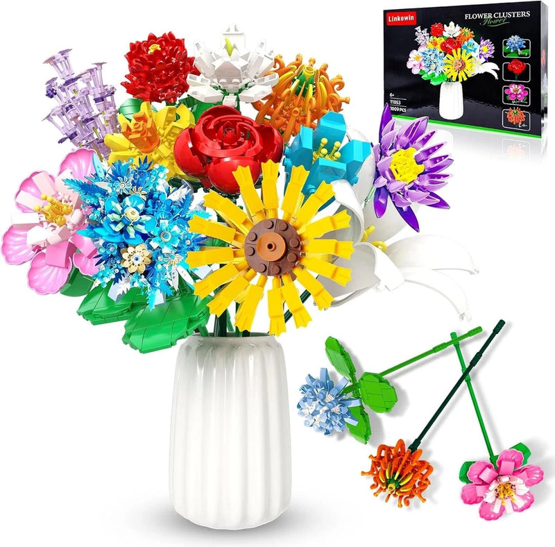 Colorful flower bouquet building set with faux carnation blooms and vase in box