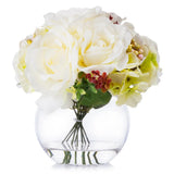 Rose and Hydrangea Silk Flower Arrangement in Round Glass Vase with Faux Water Hydrangea