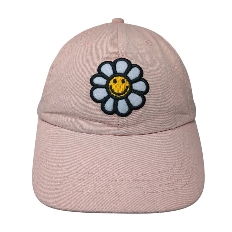 Pink strapback baseball hat with embroidered smiling sunflower front