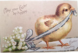 May Your Easter be Happy Chick Pulling Lily of the Valley Flowers 1910s Postcard Lily