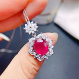 Heated 3CT Oval Red Ruby Sunflower Pendant Necklace 14K White Gold Finish S925 Sunflower