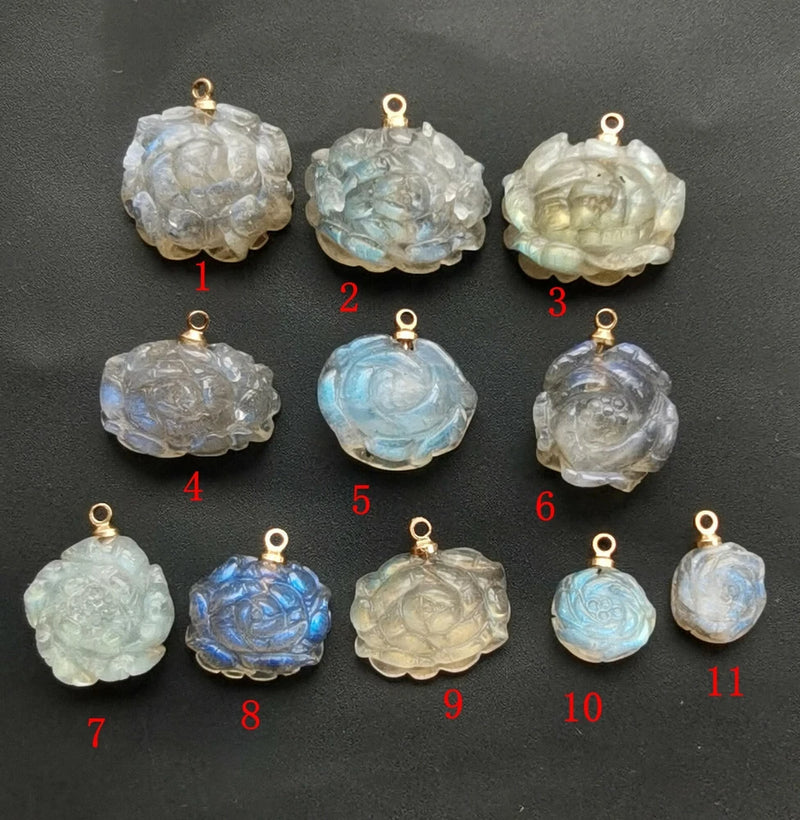 Carved peony flower pendant with gold-tone loop bail, translucent light blue gemstone look