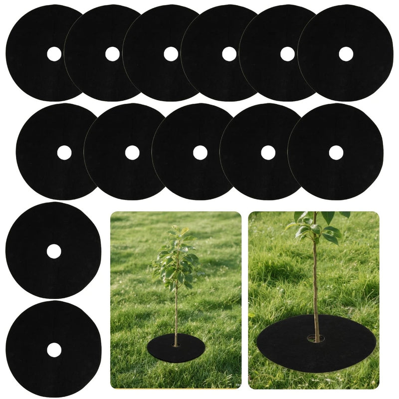 Set of round black tree root barrier mats with center holes for stakes