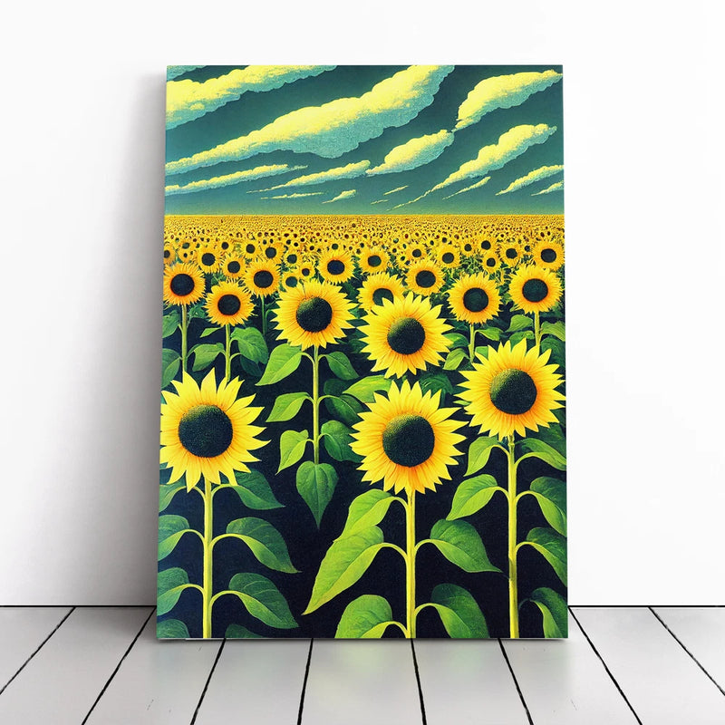 Framed canvas wall art of a sunflower field under a blue sky