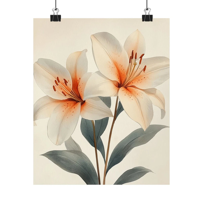 Floral art print poster with white lilies, orange speckles, and green leaves