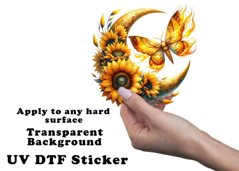 Transparent UV DTF sticker featuring a sunflower and orange butterfly with gold details