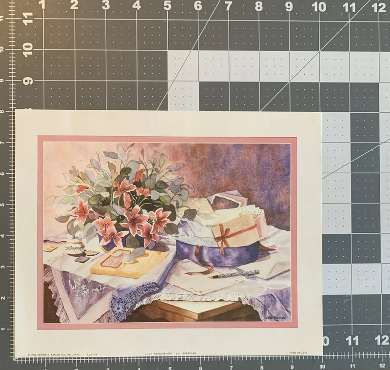 Vintage floral arrangement lithograph print with bouquet on a table setting