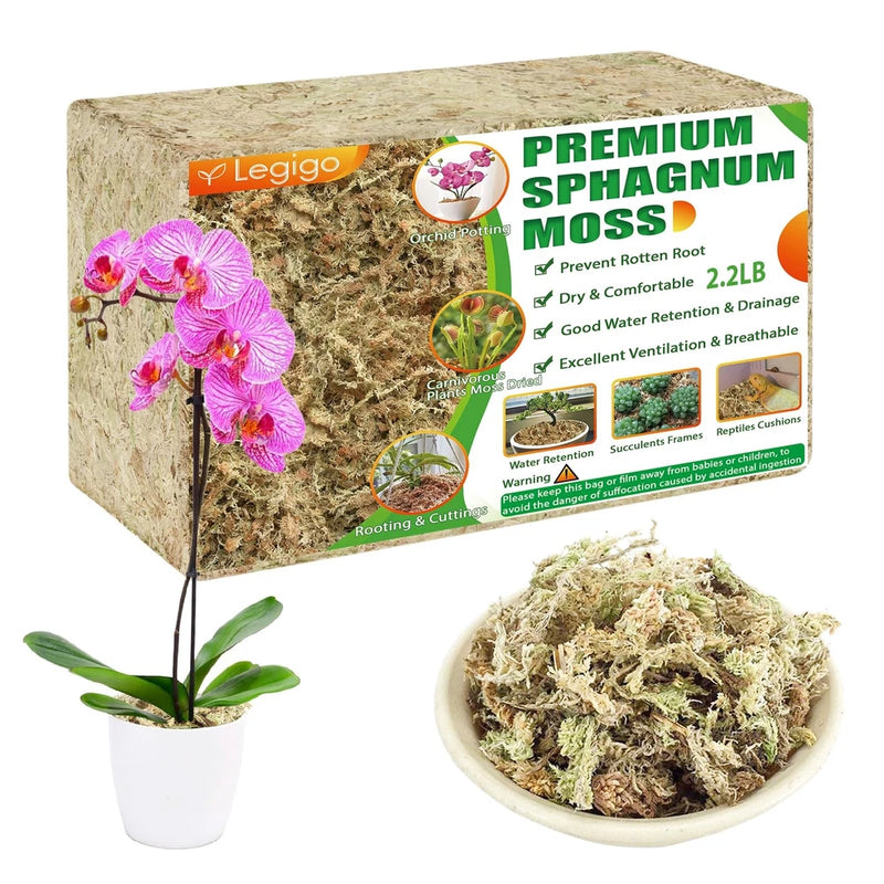 Premium sphagnum moss for plants; boxed package with loose dried moss in a bowl.