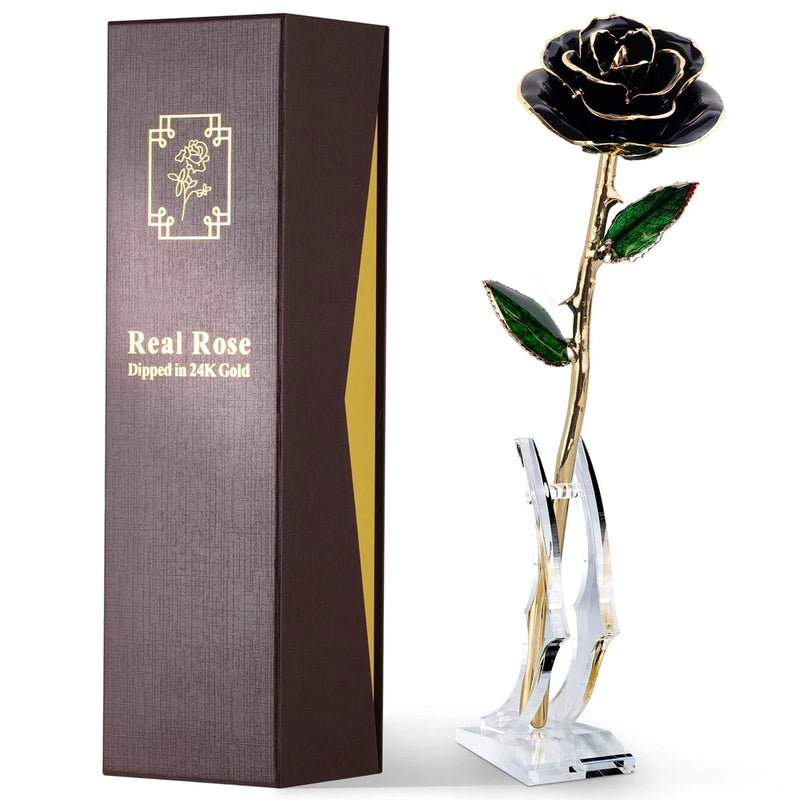 24K gold-dipped real rose with dark bloom, gold stem and leaves, on clear display base