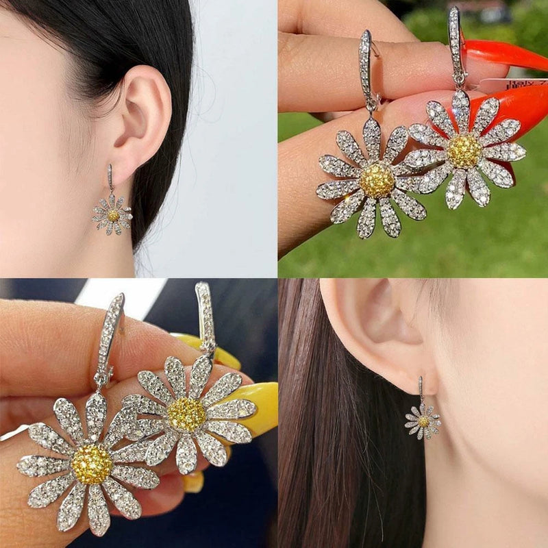 Sunflower crystal hoop dangle earrings, silver with yellow center and glittering petals