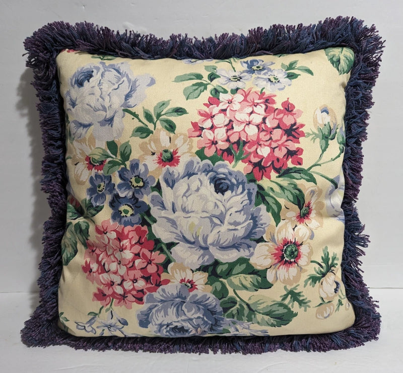 Vtg 15" Throw Accent Pillow Hydrangea Flowers Purple Fringe Floral French Shabby Hydrangea