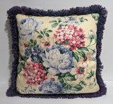 Vtg 15" Throw Accent Pillow Hydrangea Flowers Purple Fringe Floral French Shabby Hydrangea