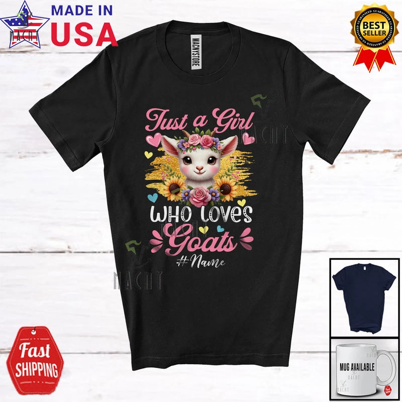 Girls black graphic T-shirt with cute goat, flowers, and slogan 'Who loves Goats'