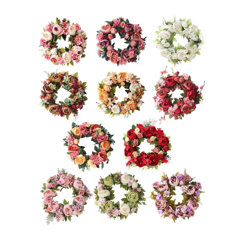 Set of artificial peony flower wreaths in multiple colors, circular floral decoration