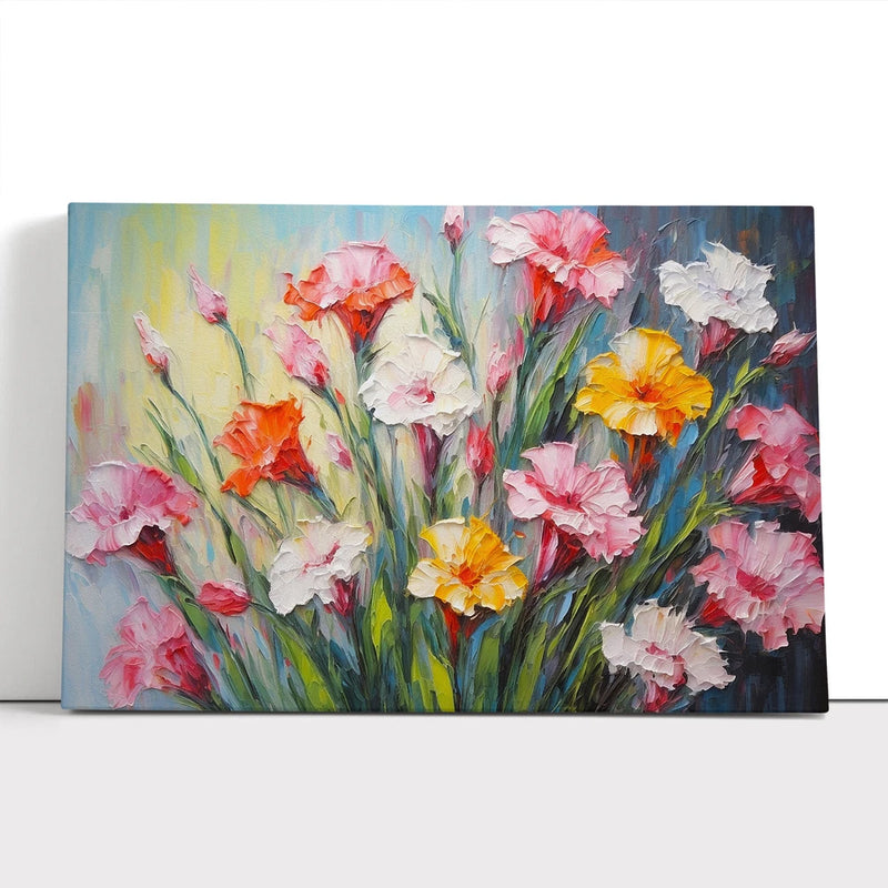 Framed canvas wall art with pink and orange impressionist carnation flowers