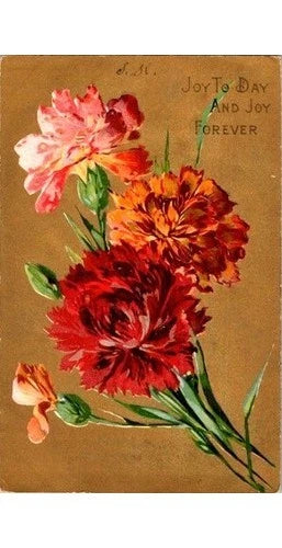 Vintage floral postcard with red and pink carnations, green leaves, and script text