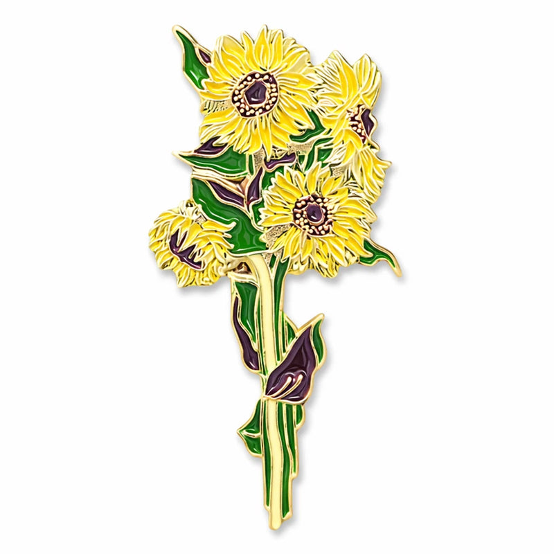 Sunflower enamel pin badge brooch with three yellow flowers and dark centers, green leaves