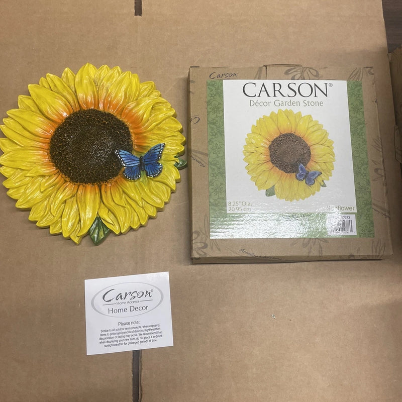 Hand-painted resin sunflower garden stone, 8.25 in round with blue butterfly accent