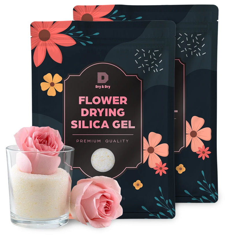 Flower drying silica gel desiccant pouches, floral print, with granules in glass jar