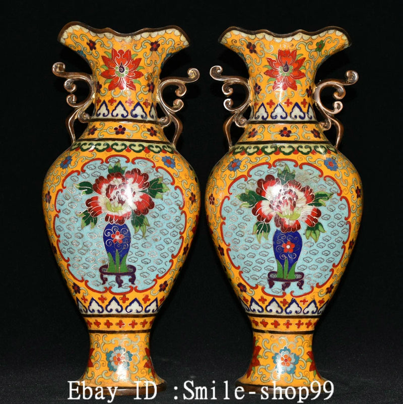 Pair of cloisonne enamel peony flower vases with bronze handles and ornate multicolor pattern