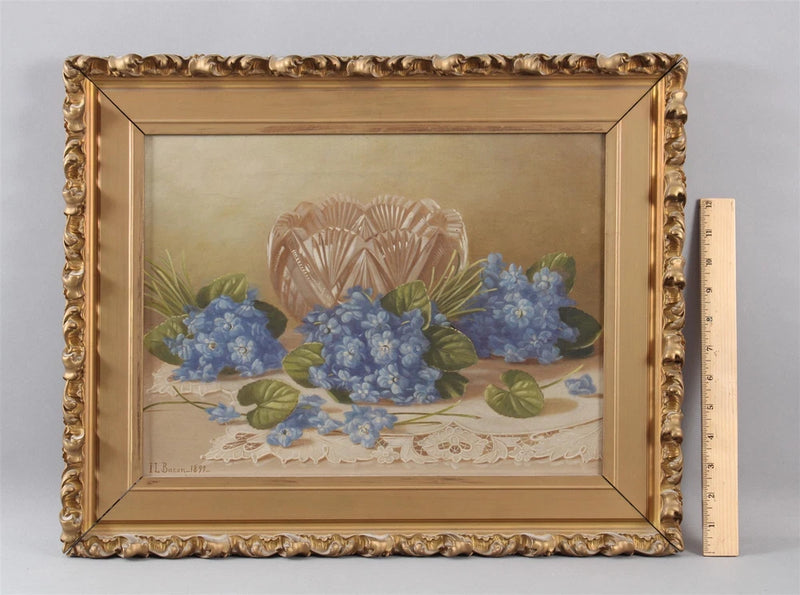 Antique IRVING LEWIS BACON Hydrangea Flowers Cut Glass, Lace Still Life Painting Hydrangea