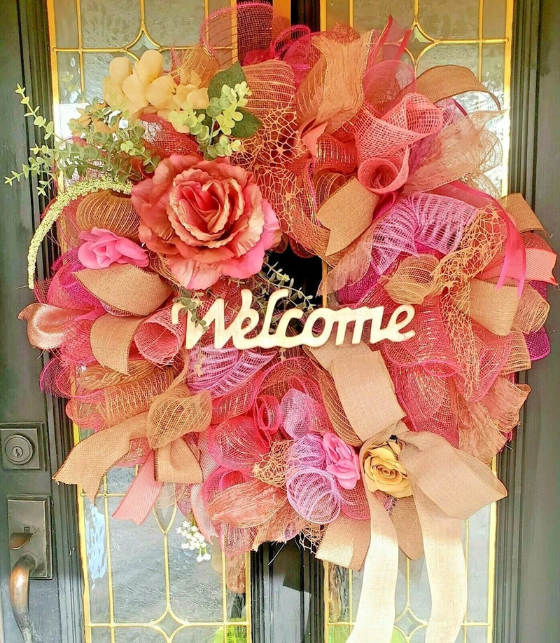 Large pink rose burlap mesh wreath with ribbon bows and Welcome centerpiece