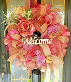 Large Spring Summer Burlap Deco Mesh Wreath Pink Rose Farmhouse Front Door Decor Roses